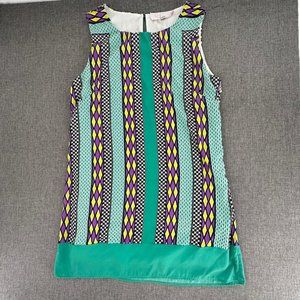 Paperdolls Shift Dress Large Green‎ Purple Yellow White Black Sleeveless Round